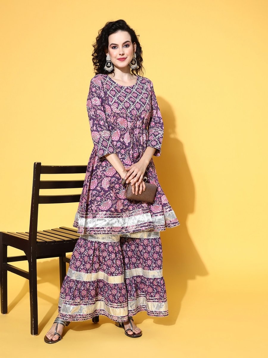 All About You Women Purple Floral Printed Regular Gotta Patti Pure Cotton Kurta with Sharara