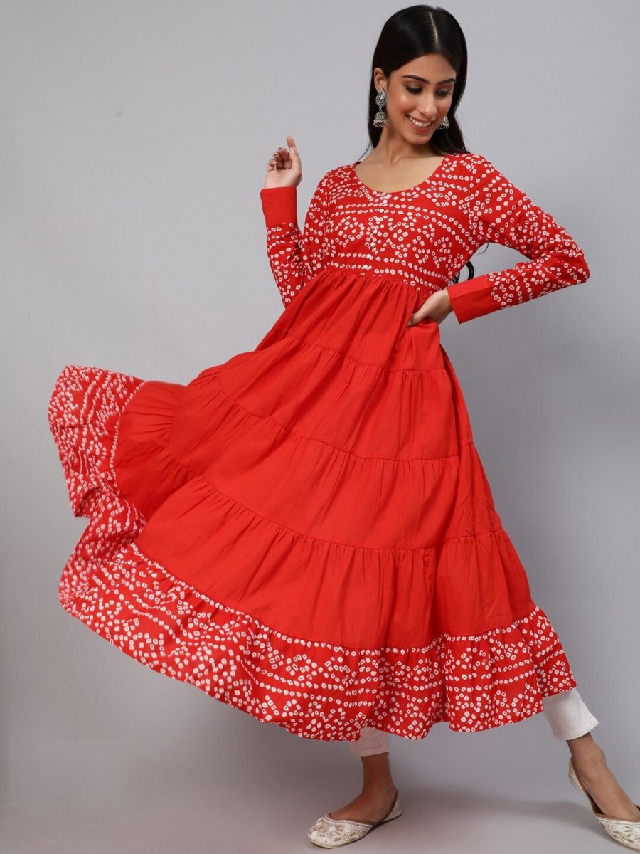 Aks Bandhani Yoke Design Long Sleeves Cotton Anarkali Kurta