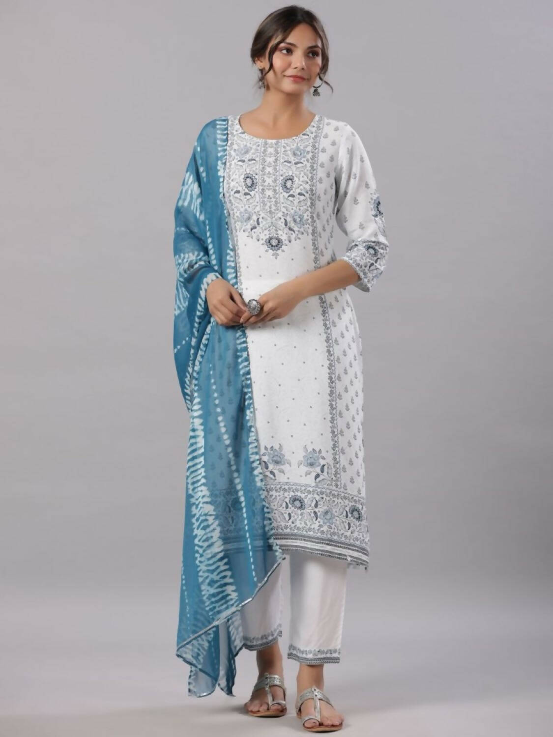 Juniper Women Sky-Blue Rayon Staple Kalamkari Printed Kurta, Pants and Dupatta Set