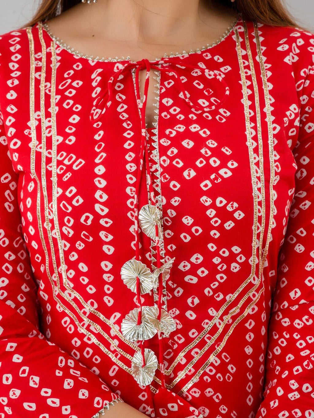 HERE&NOW Red & Gold-Toned Bandhani Printed Gotta Patti Kurta with Sharara