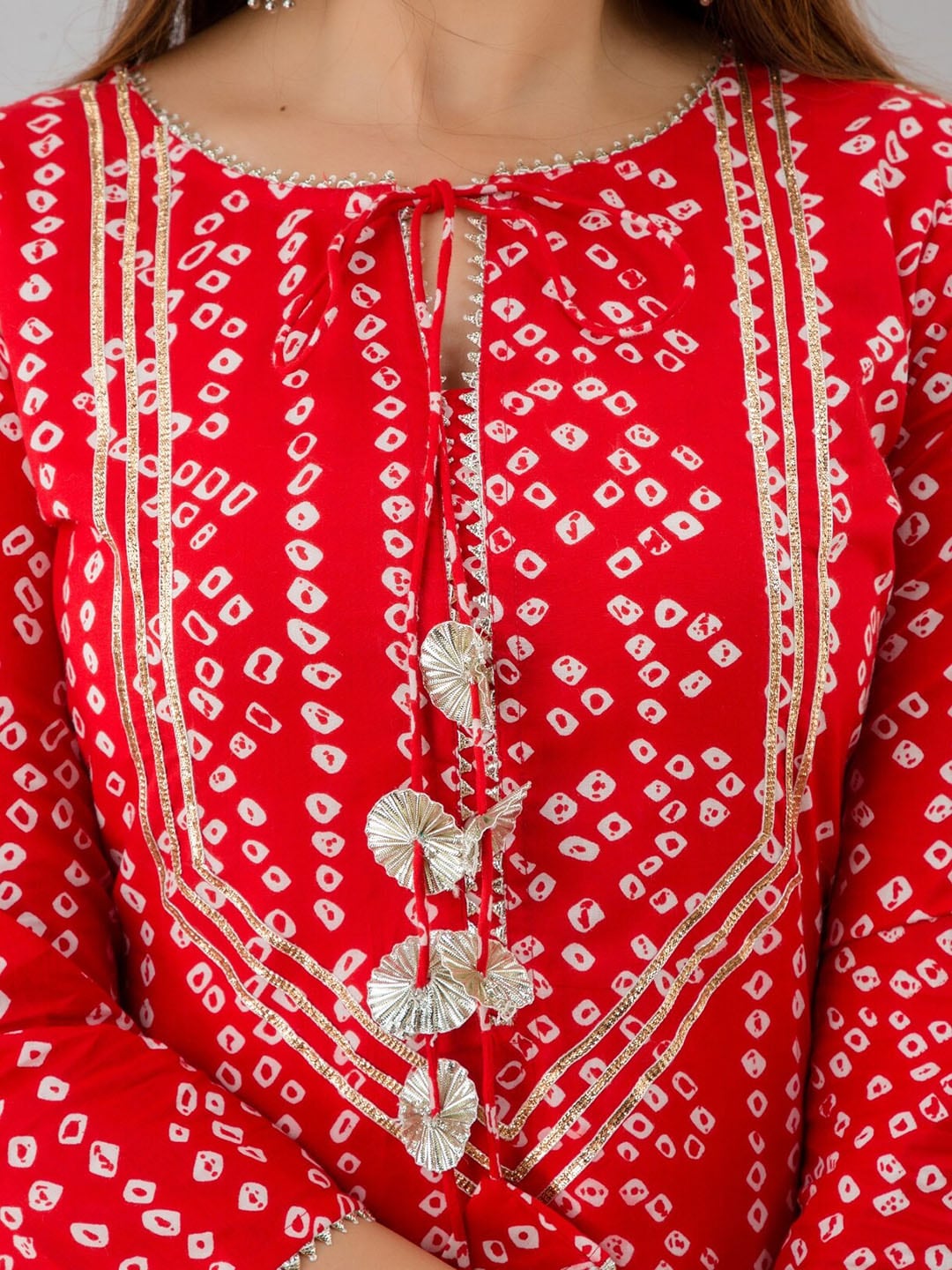 HERE&NOW Red & Gold-Toned Bandhani Printed Gotta Patti Kurta with Sharara