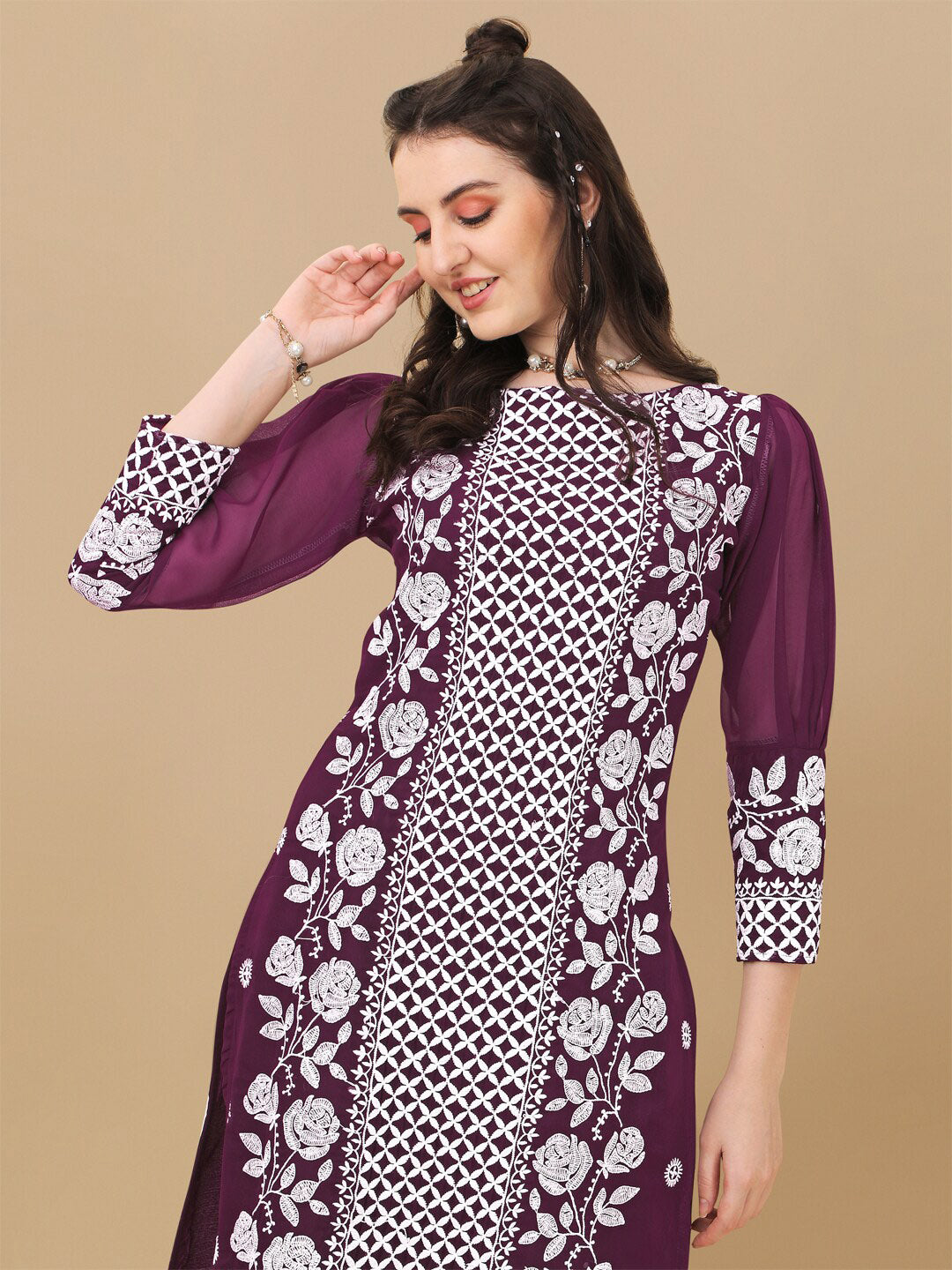 HERE&NOW Floral Embroidered Chikankari Kurta with Trousers & Dupatta