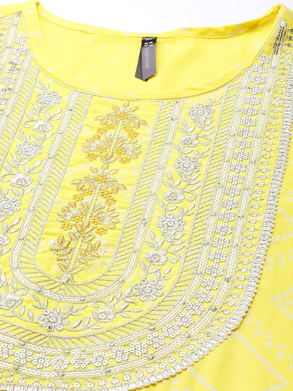 HERE&NOW Women Yellow & White Ethnic Motifs Printed Embroidered Work Kurta