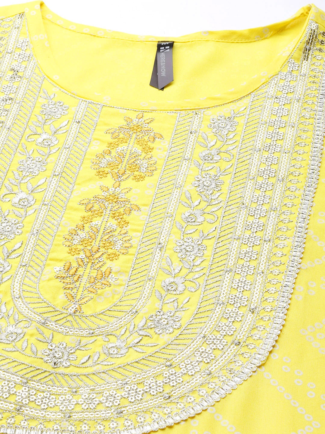 HERE&NOW Women Yellow & White Ethnic Motifs Printed Embroidered Work Kurta