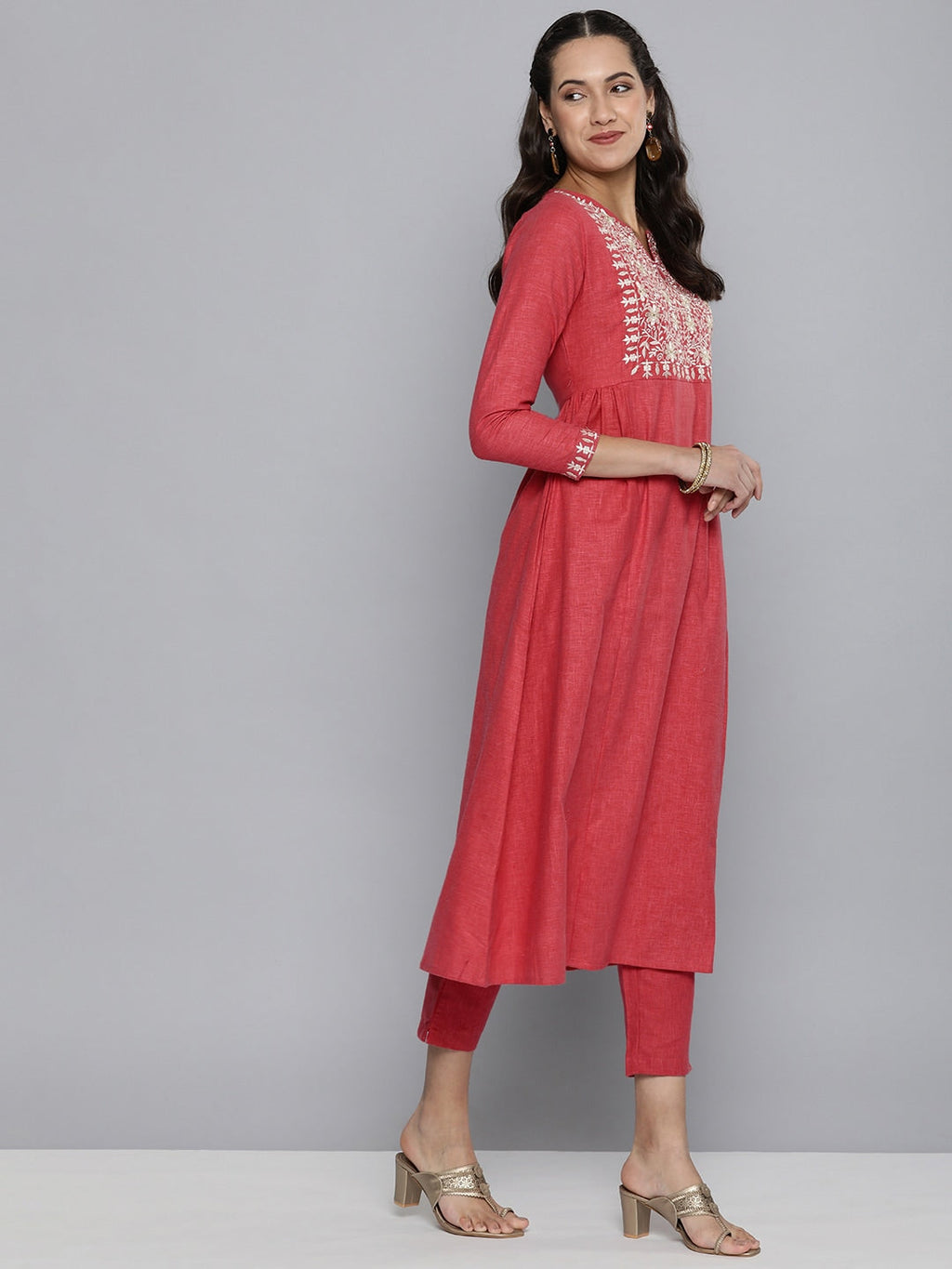 HERE&NOW Women Yoke Design Pure Cotton Kurta & Trousers with Dupatta