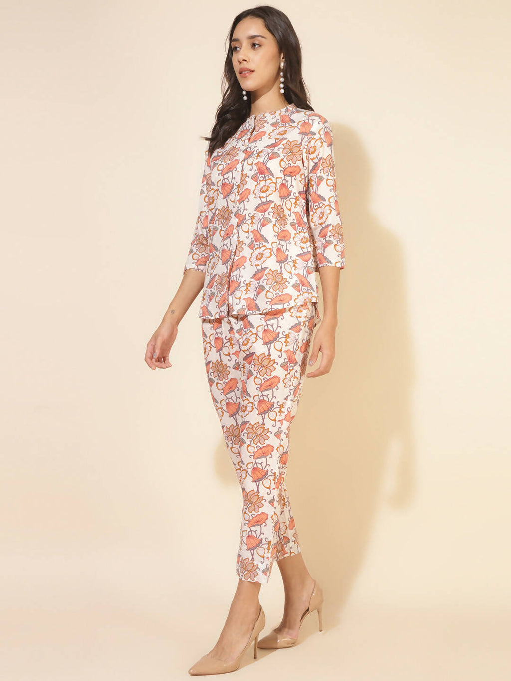 Janasya Women's White Cotton Floral Printed Casual A-Line Co-ords