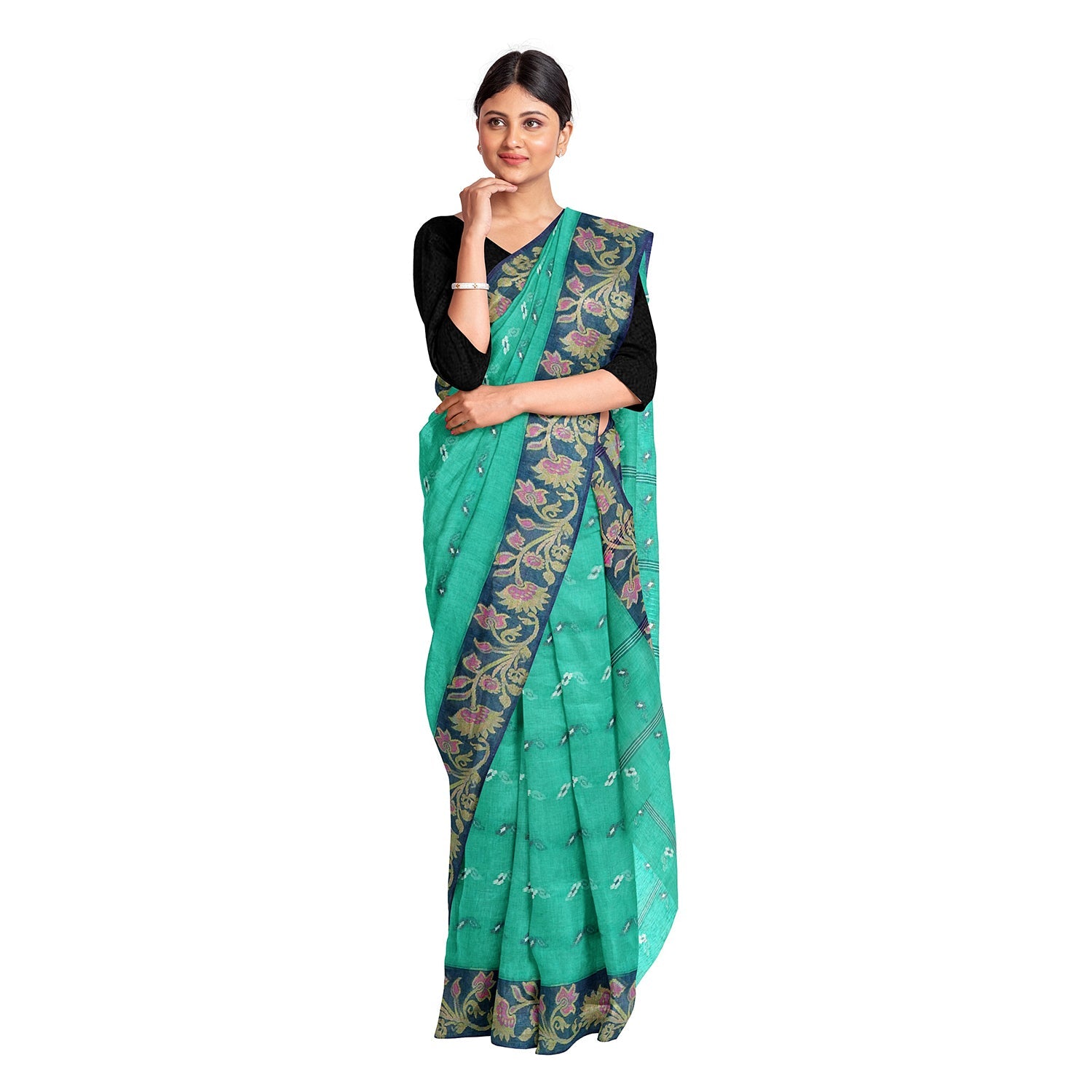 Exclusive Collection 100% Pure Cotton Green Tant Saree With Hand Weaving Work