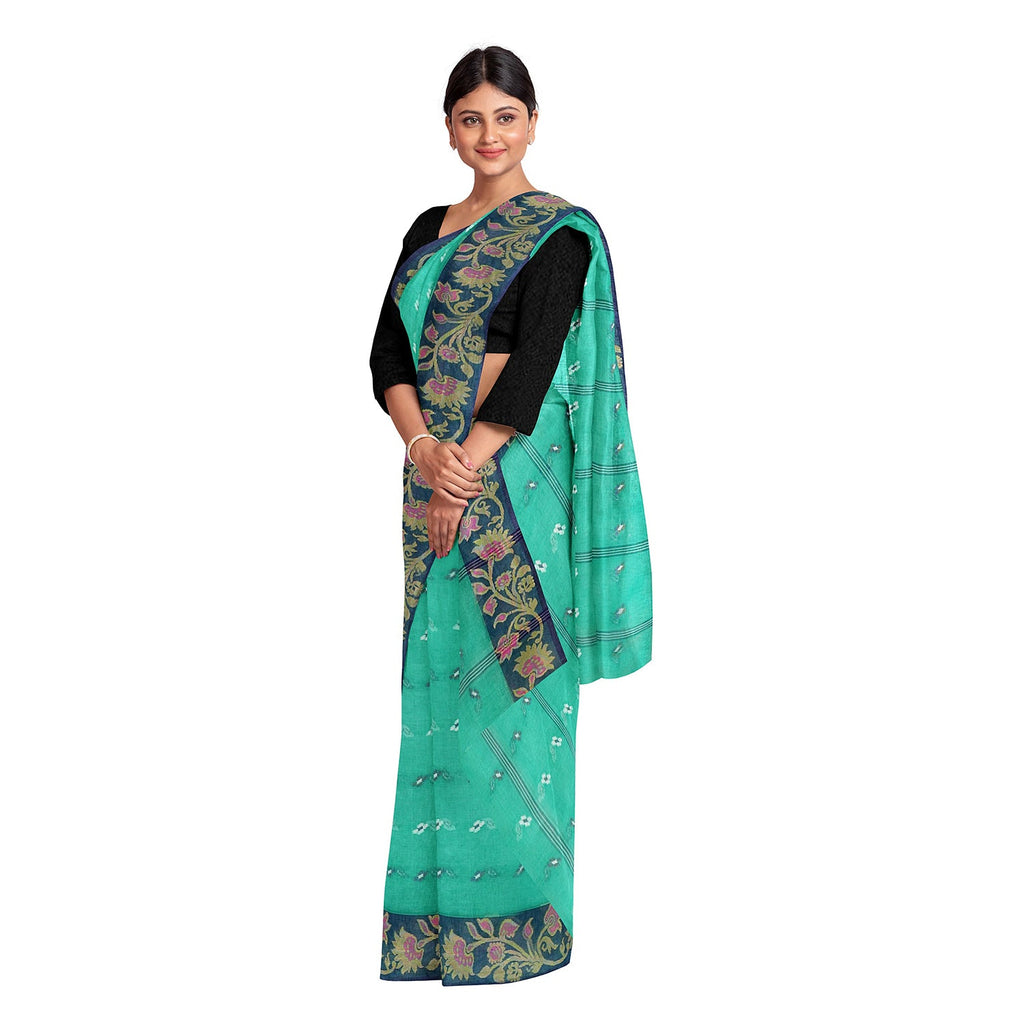 Exclusive Collection 100% Pure Cotton Green Tant Saree With Hand Weaving Work