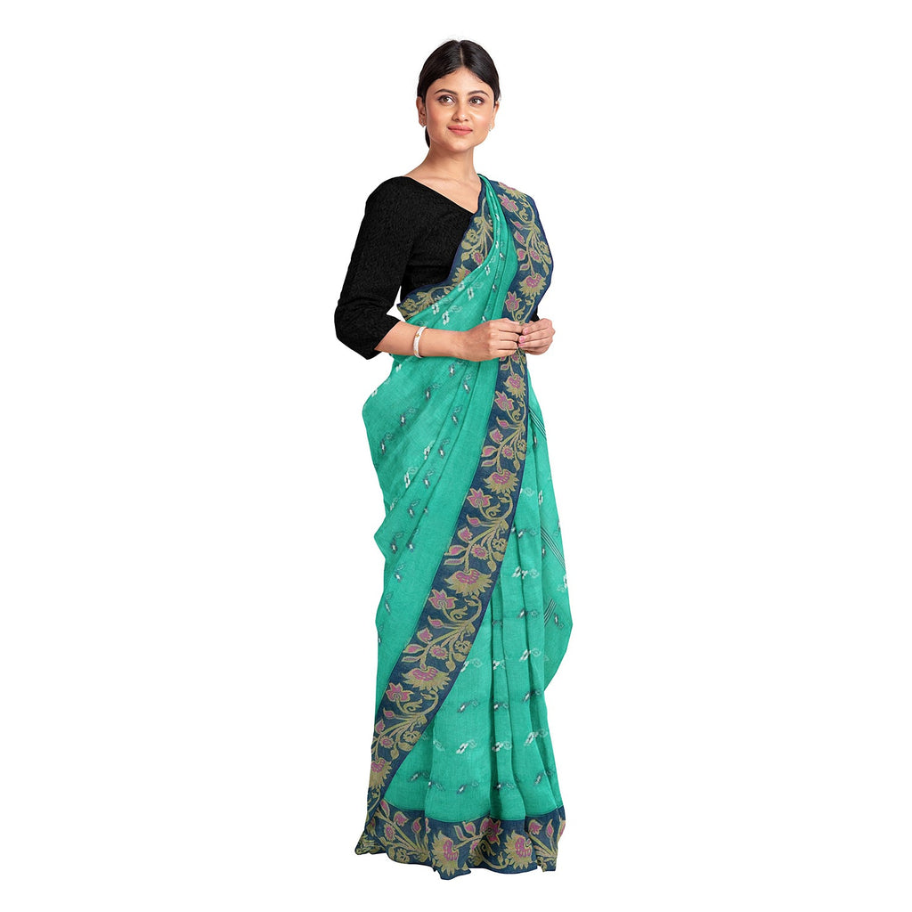 Exclusive Collection 100% Pure Cotton Green Tant Saree With Hand Weaving Work