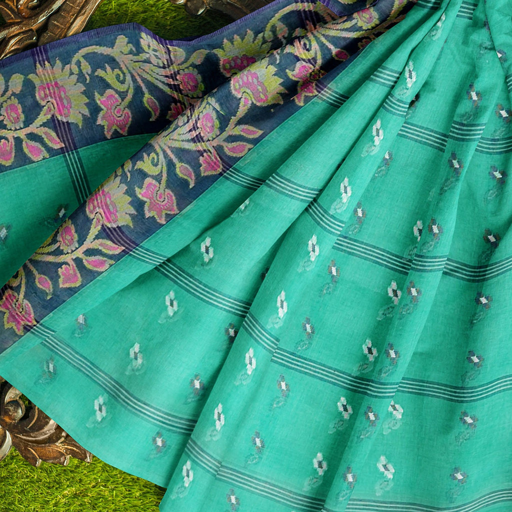 Exclusive Collection 100% Pure Cotton Green Tant Saree With Hand Weaving Work