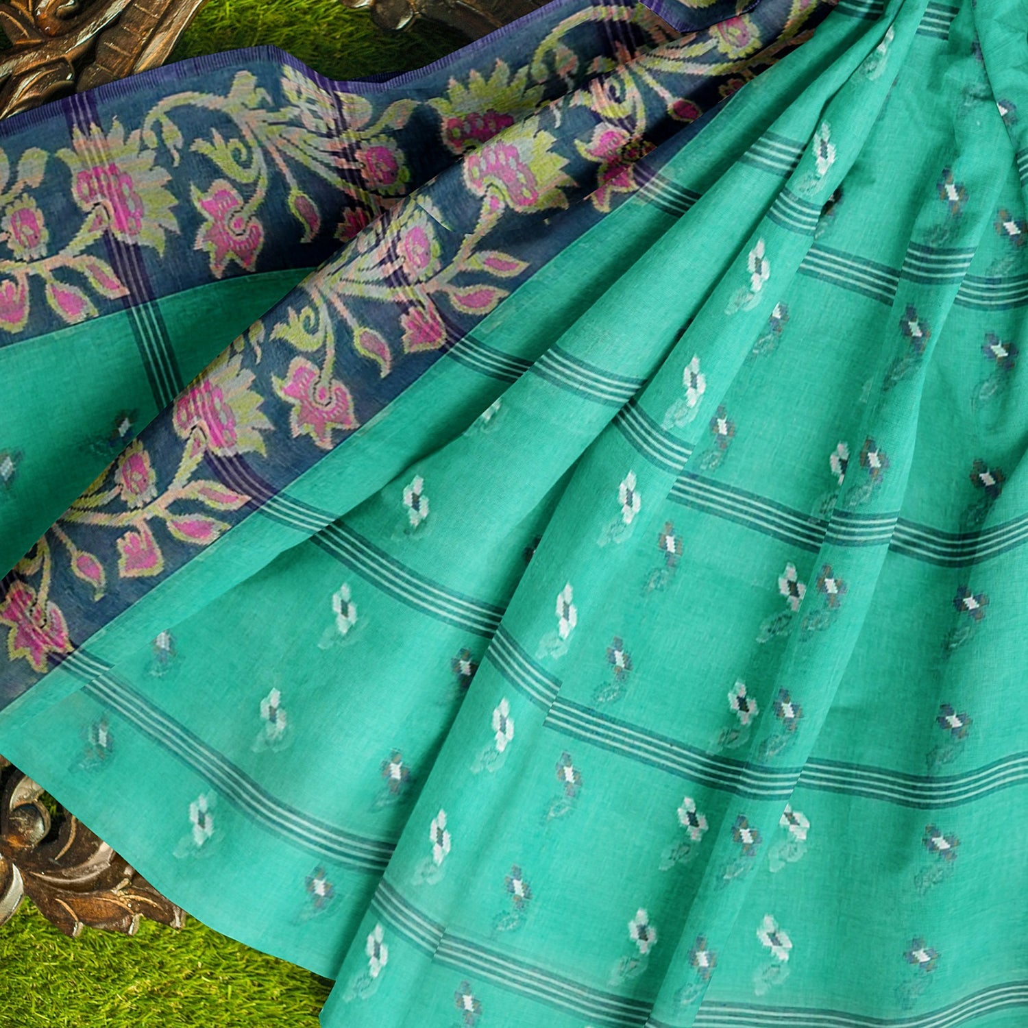 Exclusive Collection 100% Pure Cotton Green Tant Saree With Hand Weaving Work