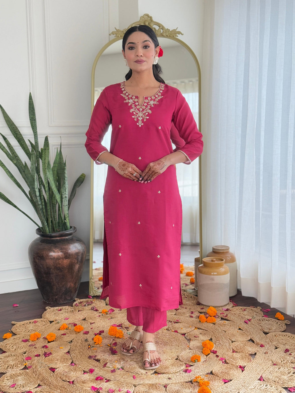 The52 Women's Viscose Silk Embroidery work Straight Kurta with Pant and Dupatta Set