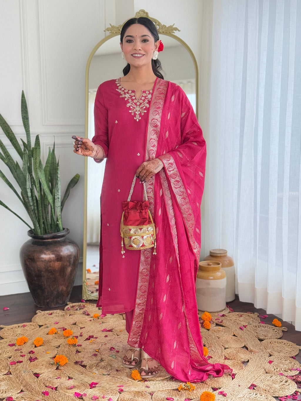 The52 Women's Viscose Silk Embroidery work Straight Kurta with Pant and Dupatta Set