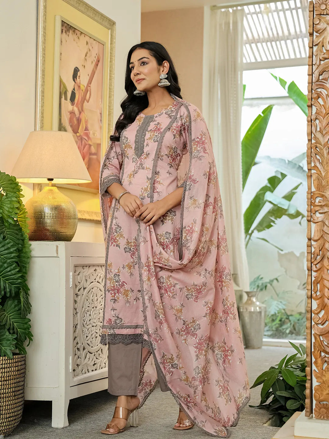 Yufta Pink Cotton Straight Lace Work Kurta Dupatta Set
