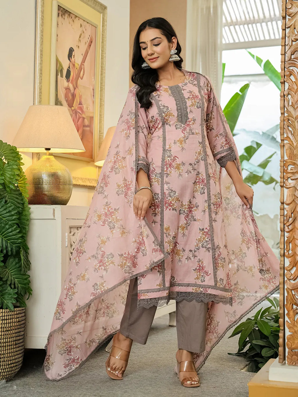 Yufta Pink Cotton Straight Lace Work Kurta Dupatta Set