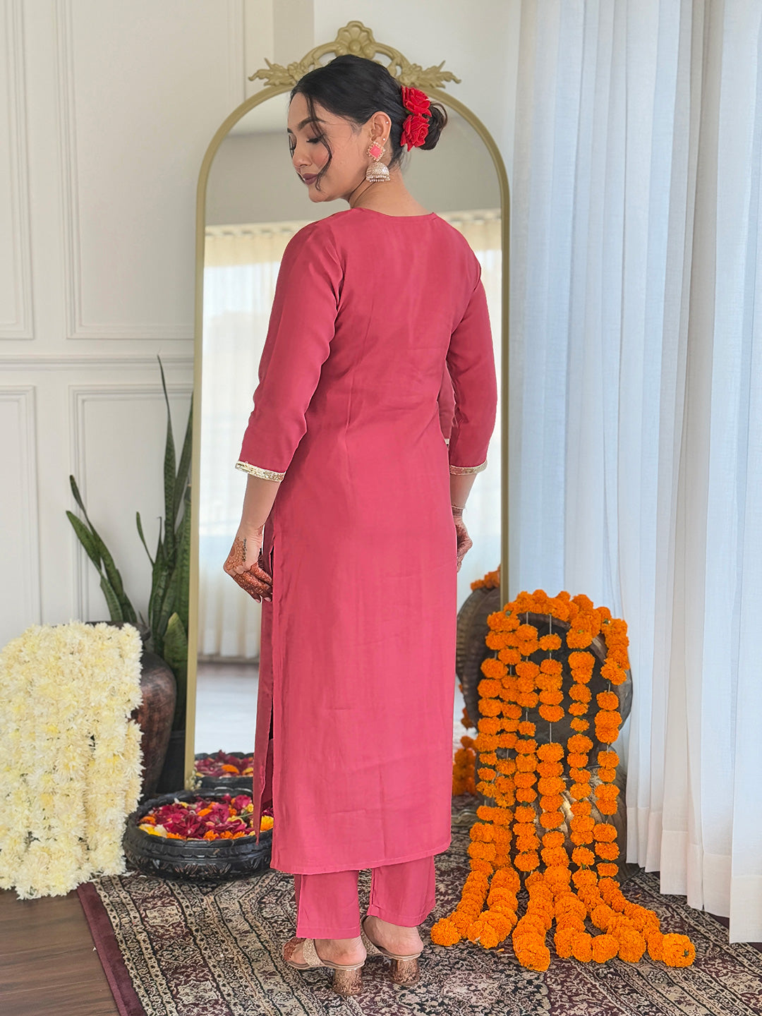The52 Women's Chanderi Embroidery work Straight Kurta with Pant and Dupatta Set