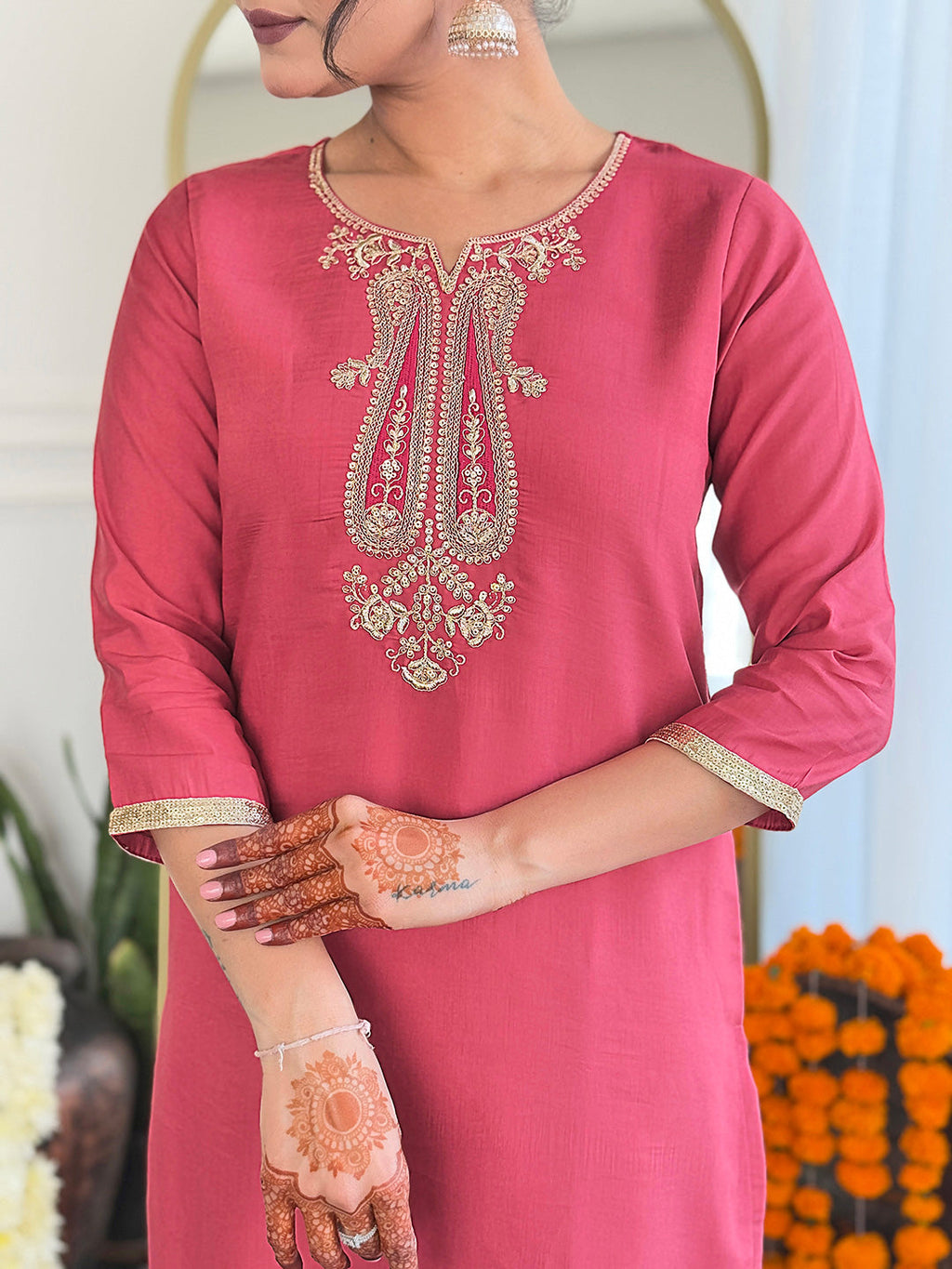 The52 Women's Chanderi Embroidery work Straight Kurta with Pant and Dupatta Set
