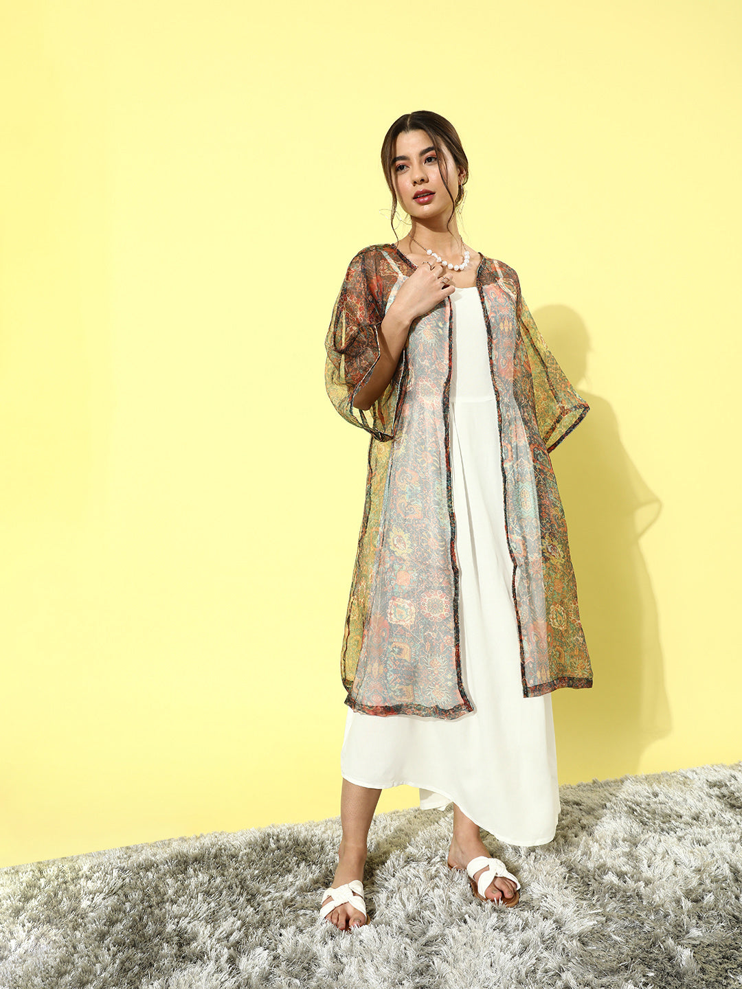 InWeave Cream - Multi Colour Organza Cape Set