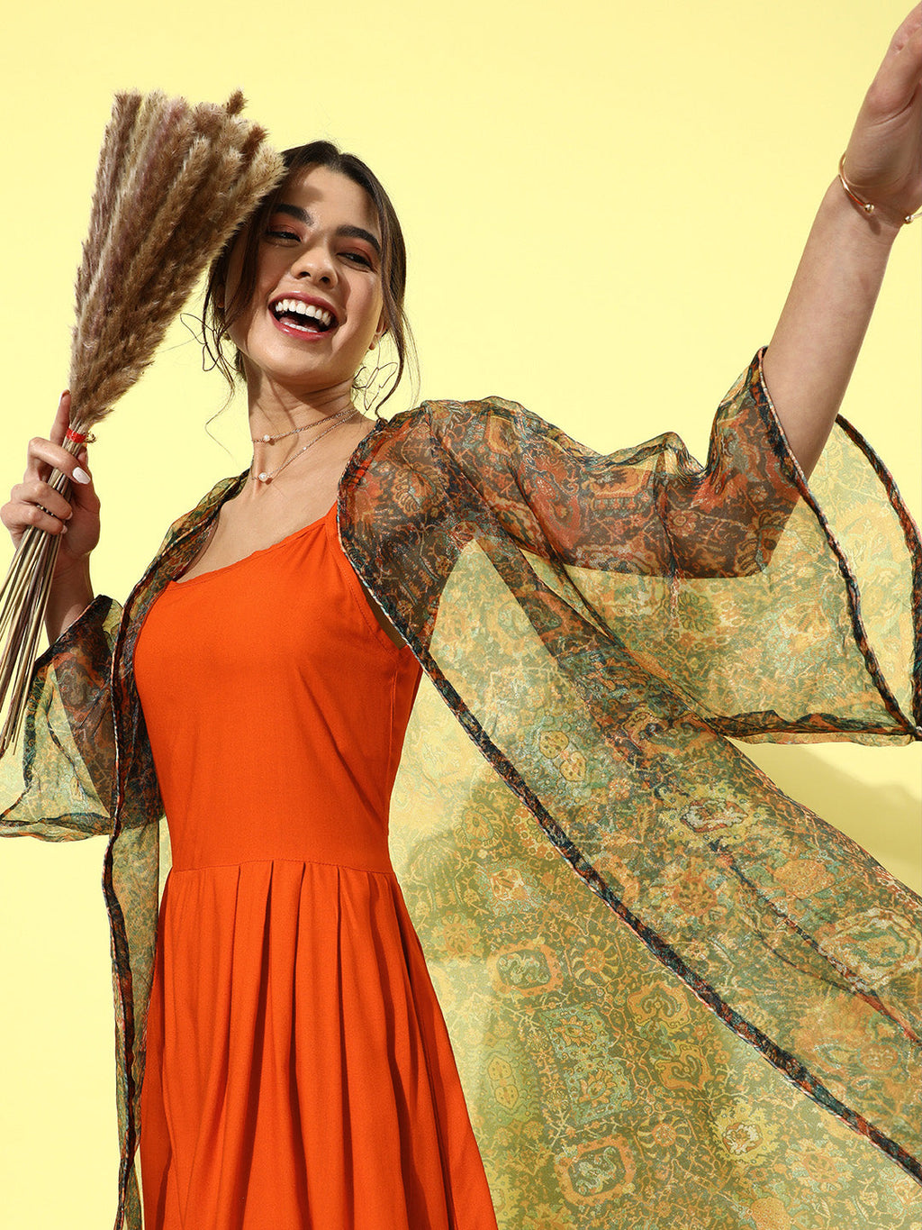 InWeave Orange - Multi Printed Organza Cape Set