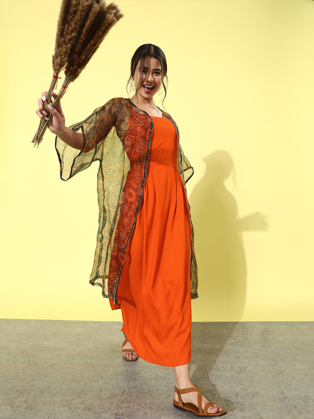 InWeave Orange - Multi Printed Organza Cape Set