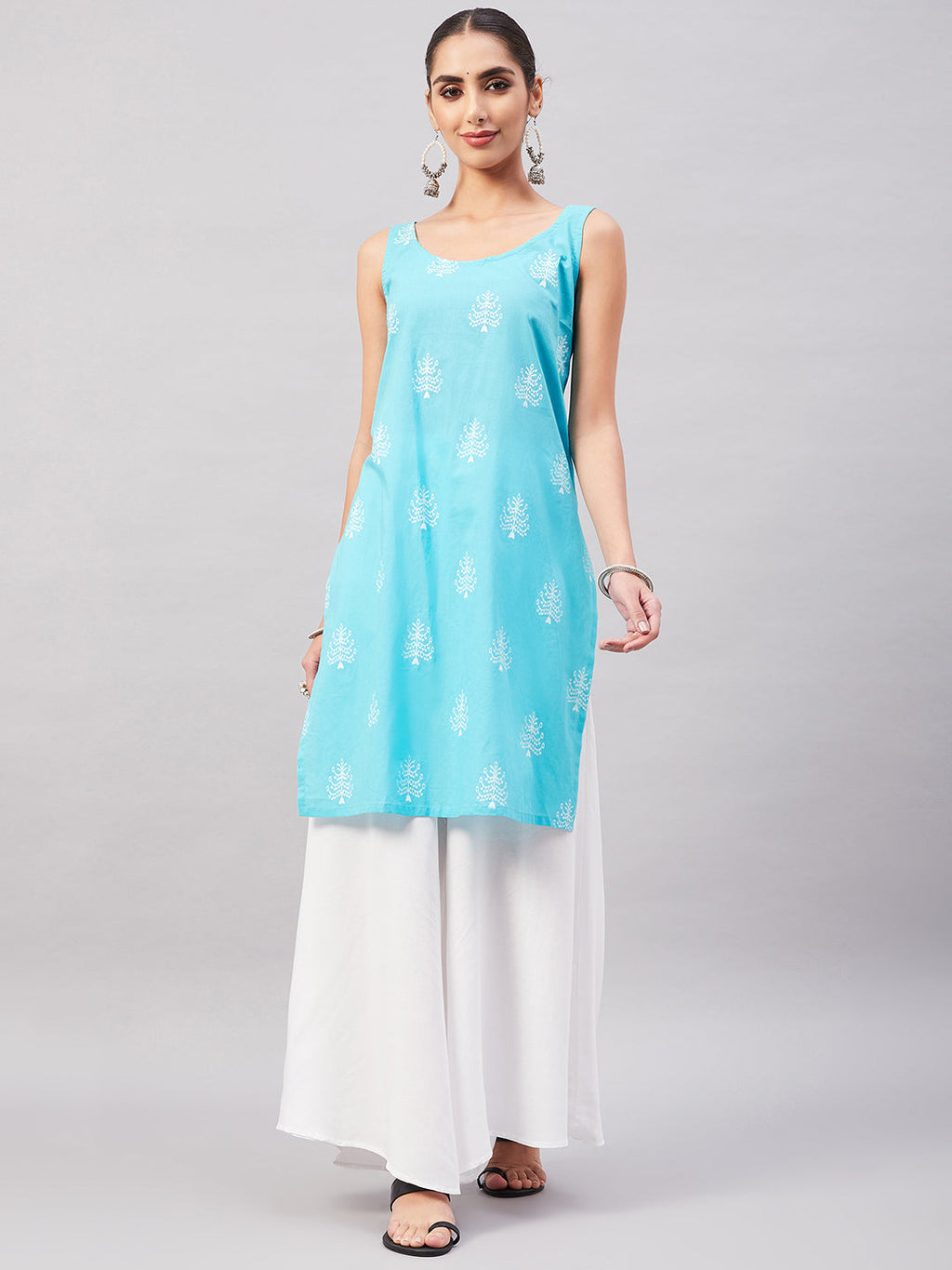 InWeave Women's Sea Blue Print Straight Kurta Palazzo Set