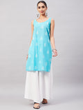 InWeave Women's Sea Blue Print Straight Kurta Palazzo Set