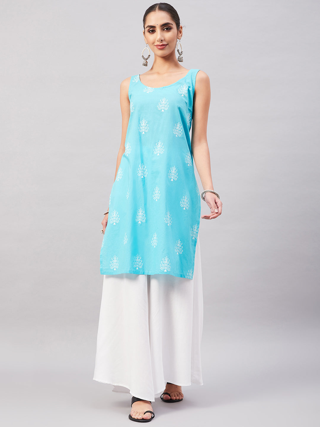 InWeave Women's Sea Blue Print Straight Kurta Palazzo Set