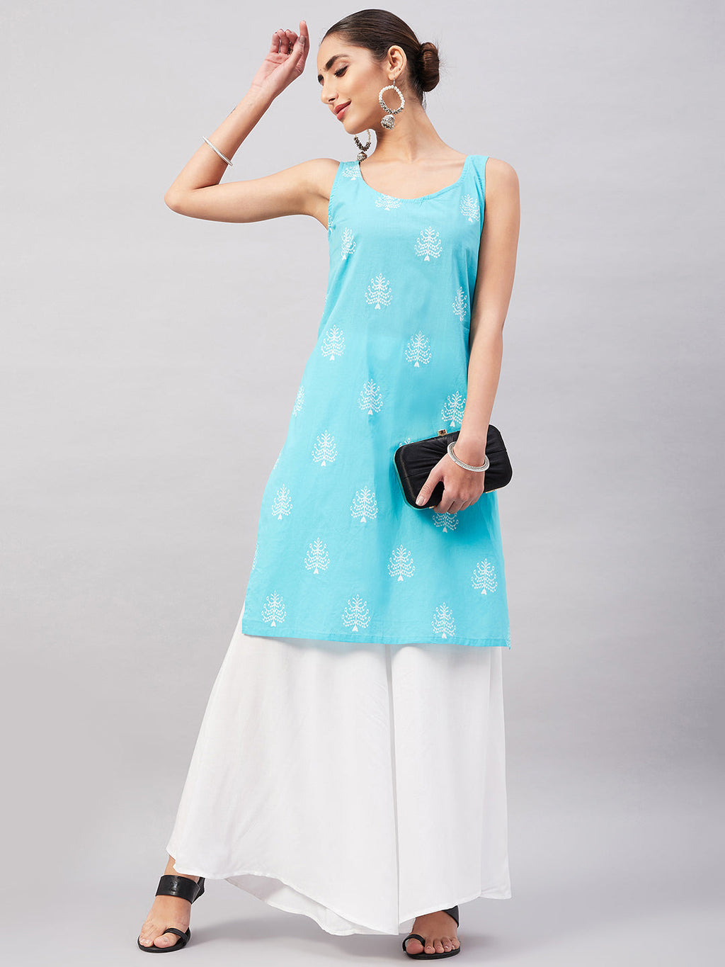InWeave Women's Sea Blue Print Straight Kurta Palazzo Set