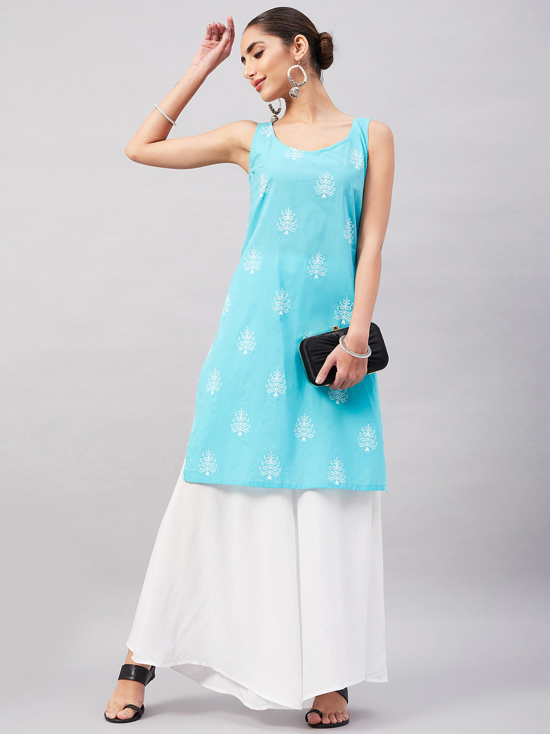 InWeave Women's Sea Blue Print Straight Kurta Palazzo Set