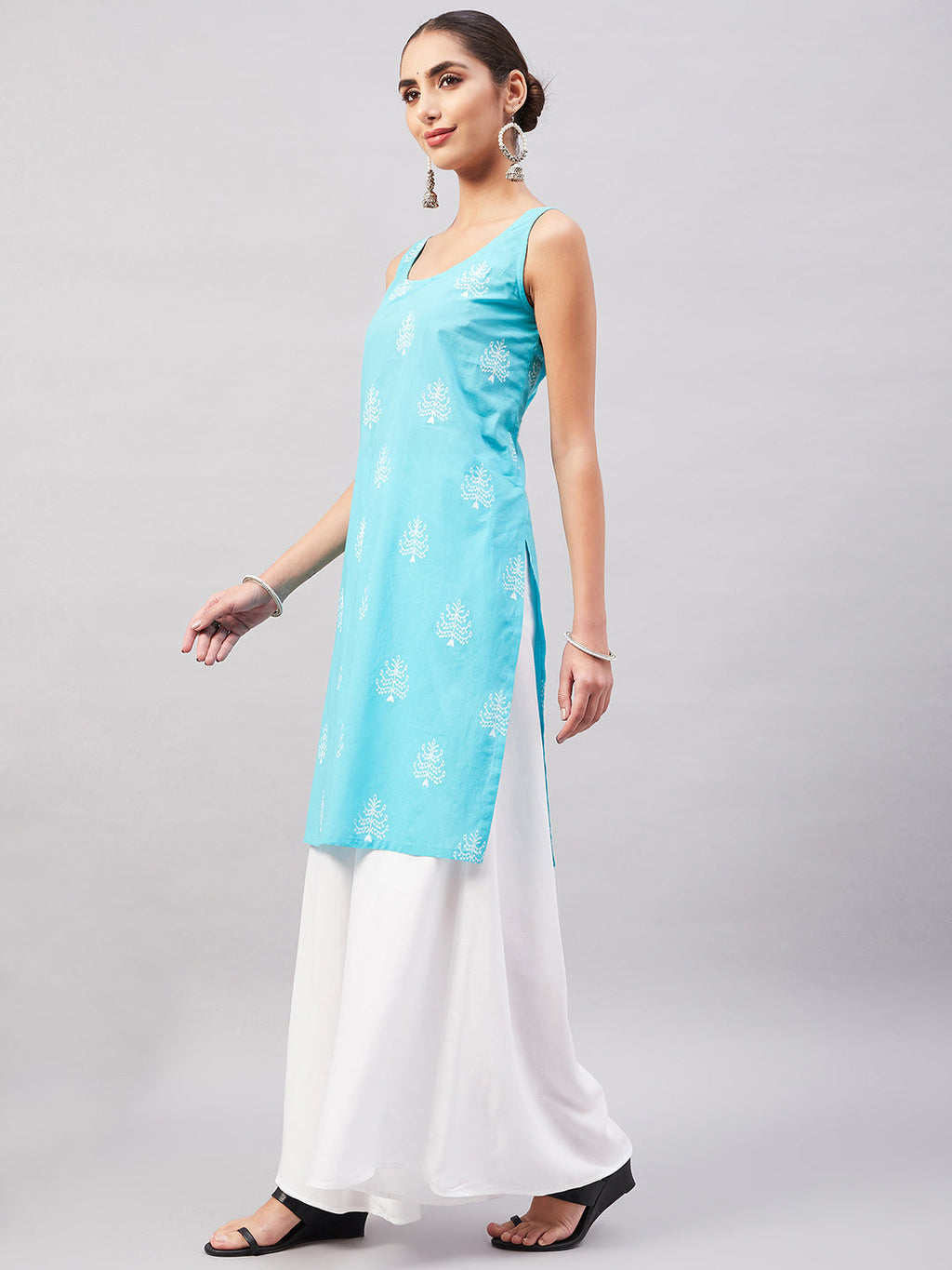 InWeave Women's Sea Blue Print Straight Kurta Palazzo Set