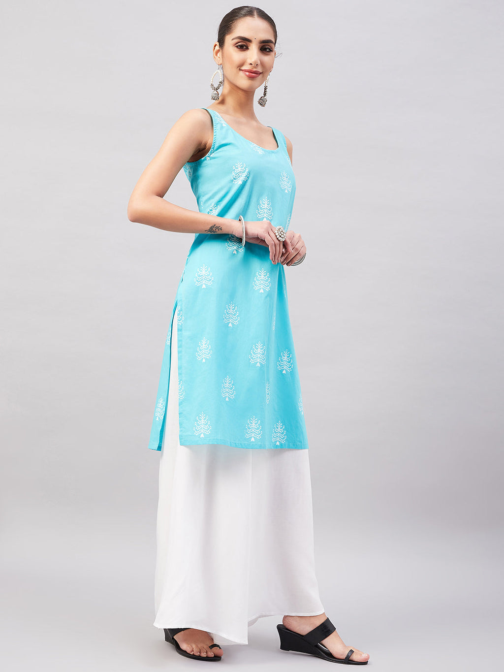 InWeave Women's Sea Blue Print Straight Kurta Palazzo Set