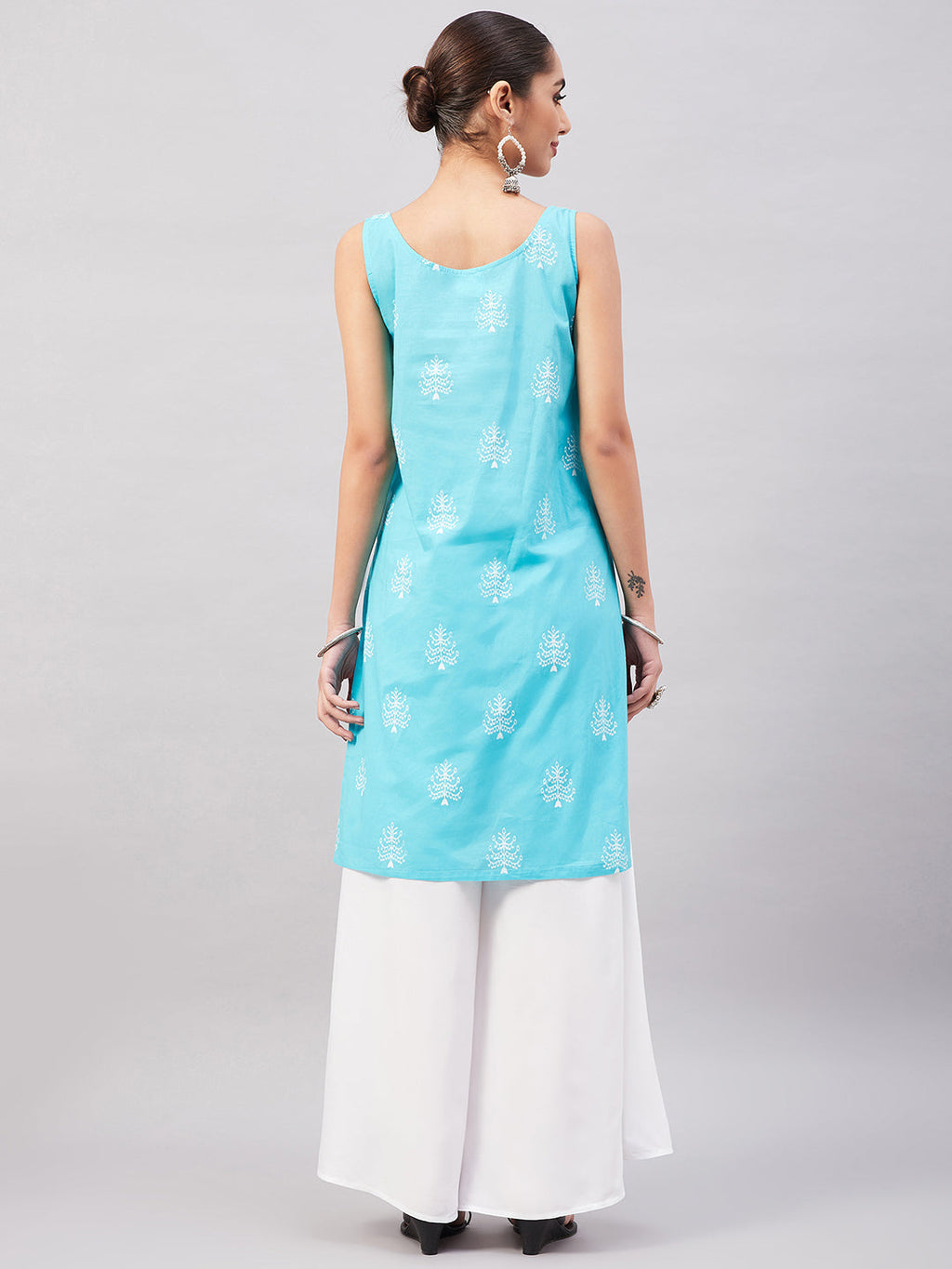 InWeave Women's Sea Blue Print Straight Kurta Palazzo Set