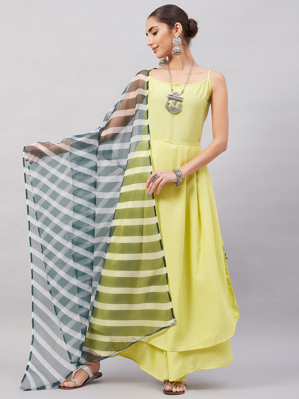 InWeave Women's Summer Yellow R Strappy Kurta Set With Green Leh Dupatta
