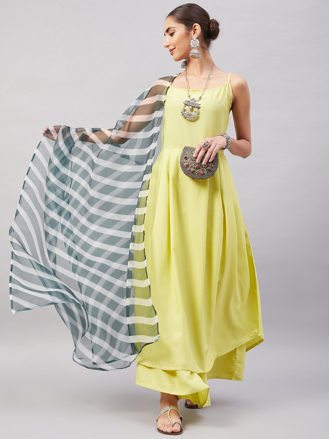 InWeave Women's Summer Yellow R Strappy Kurta Set With Green Leh Dupatta