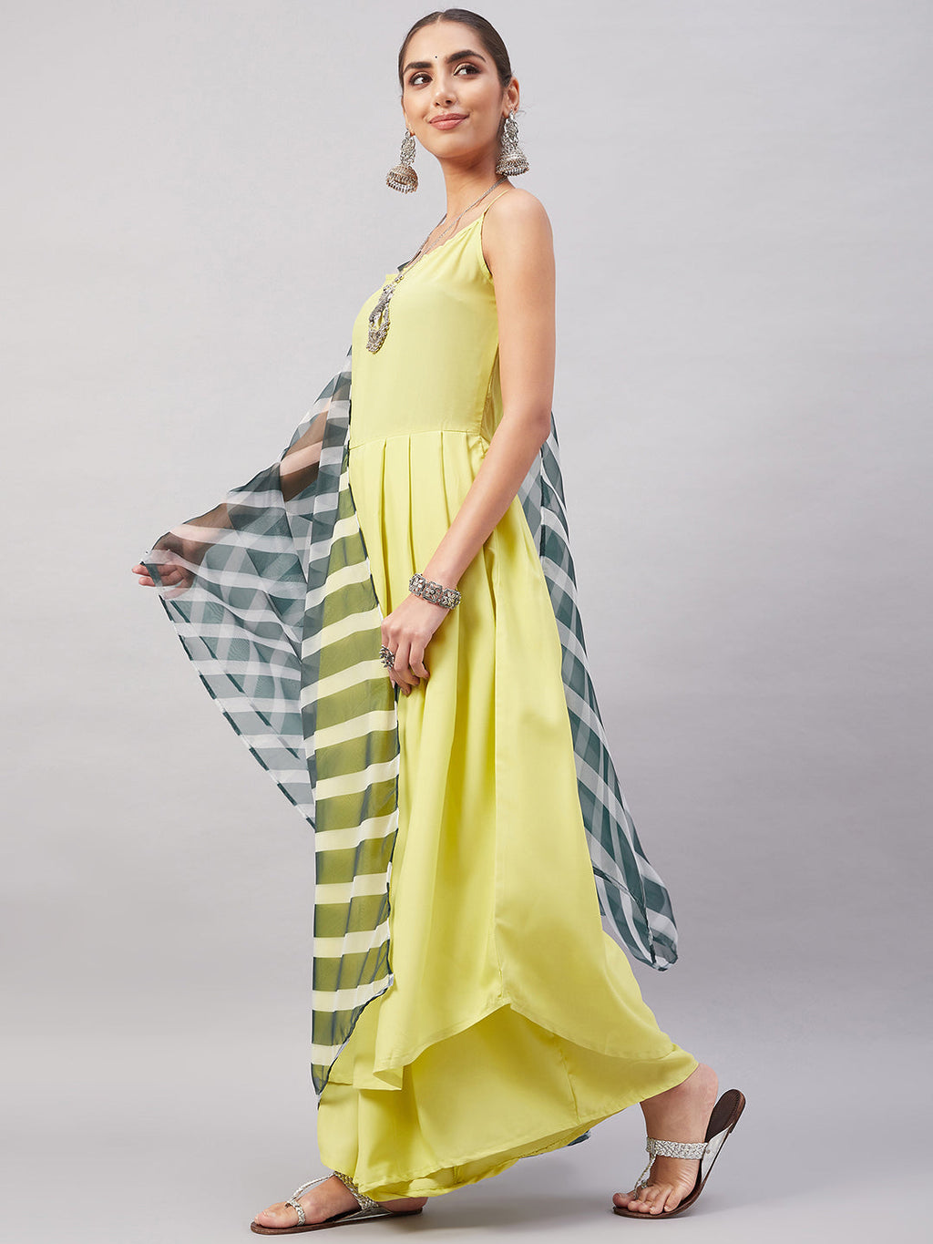 InWeave Women's Summer Yellow R Strappy Kurta Set With Green Leh Dupatta