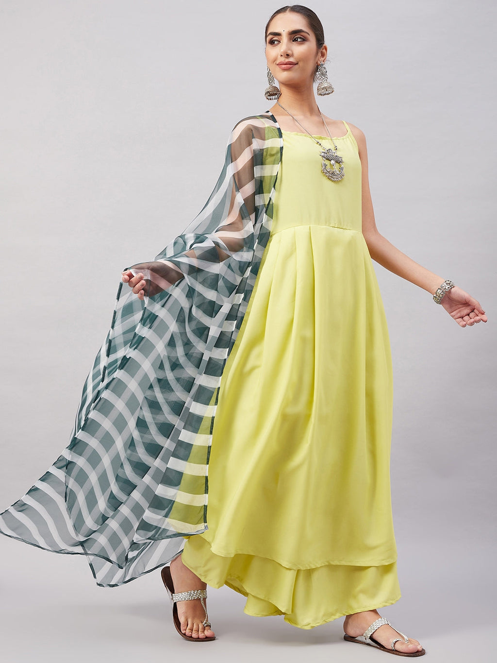 InWeave Women's Summer Yellow R Strappy Kurta Set With Green Leh Dupatta