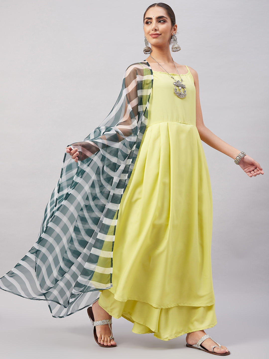 InWeave Women's Summer Yellow R Strappy Kurta Set With Green Leh Dupatta