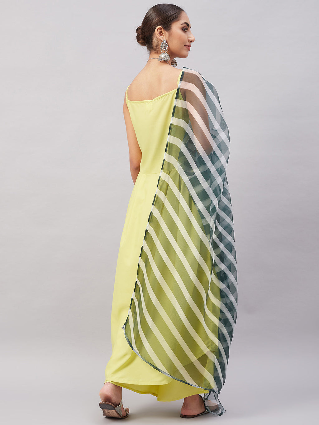 InWeave Women's Summer Yellow R Strappy Kurta Set With Green Leh Dupatta
