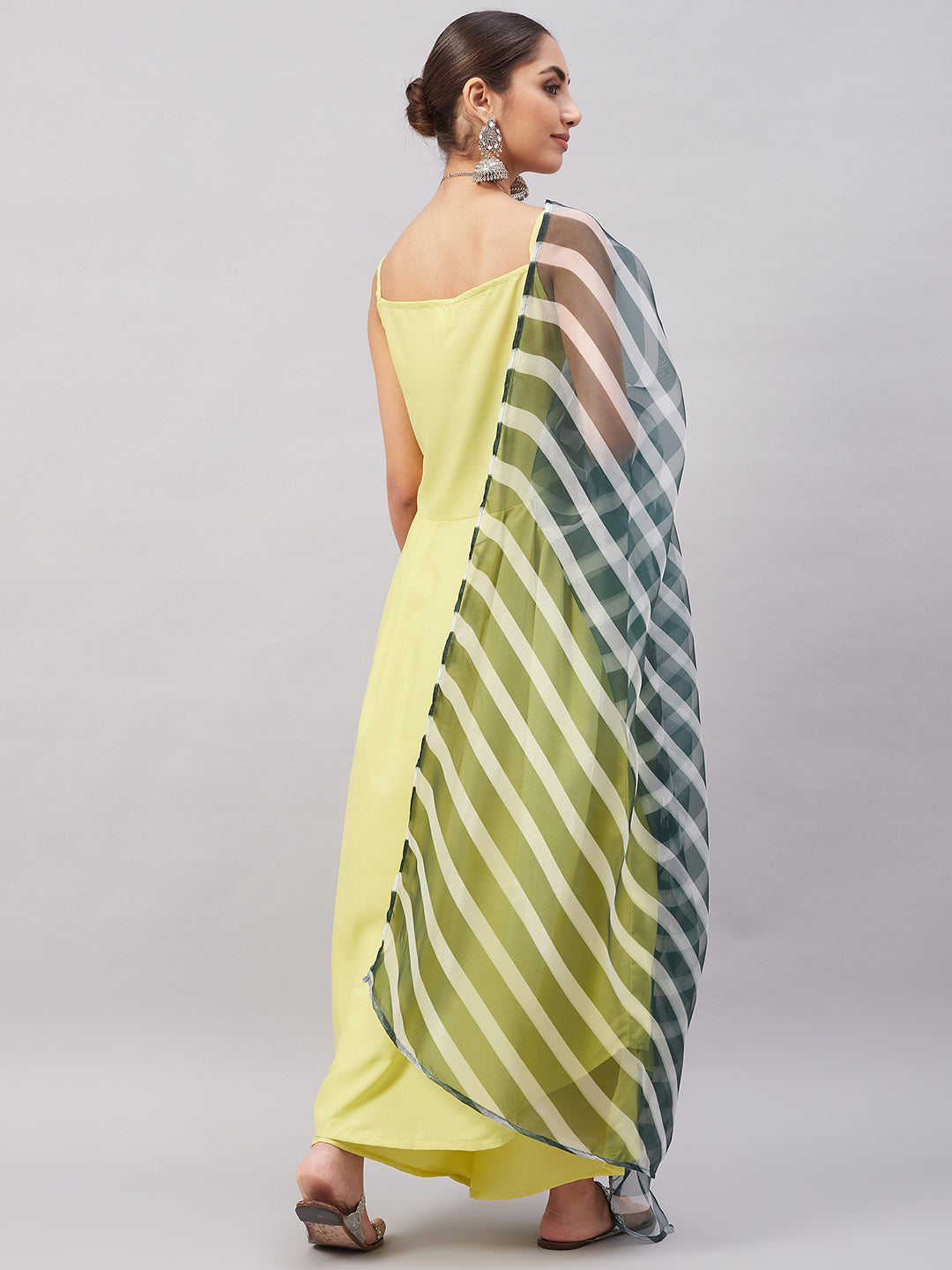 InWeave Women's Summer Yellow R Strappy Kurta Set With Green Leh Dupatta