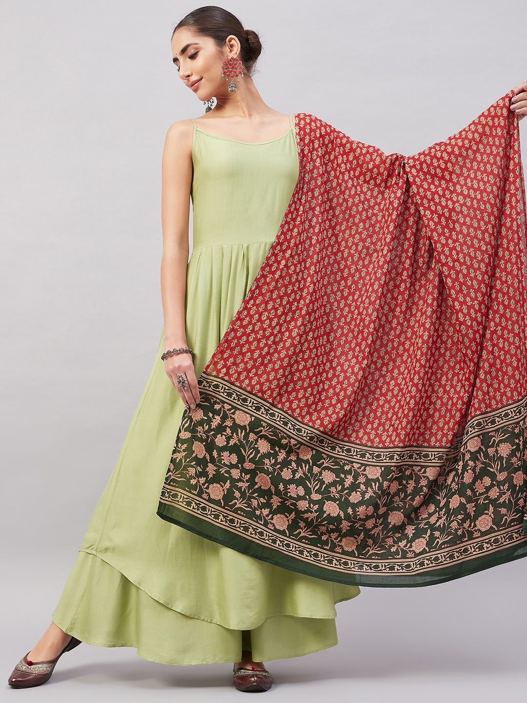 InWeave Women's Light Green R Strappy Set W Green Red Print Cotton Dupatta