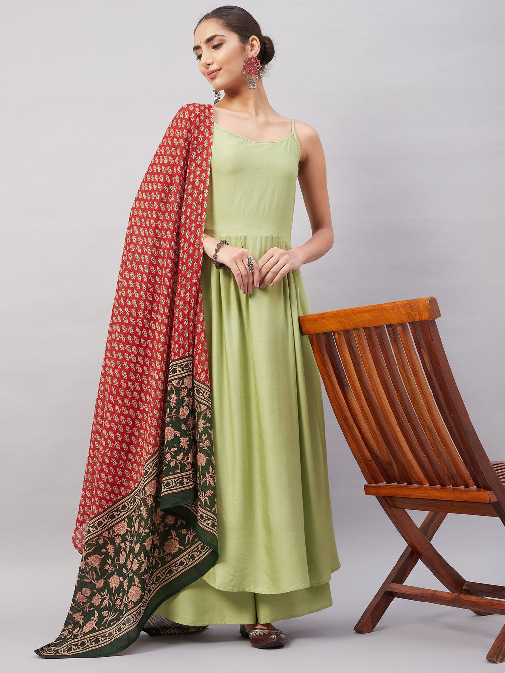 InWeave Women's Light Green R Strappy Set W Green Red Print Cotton Dupatta
