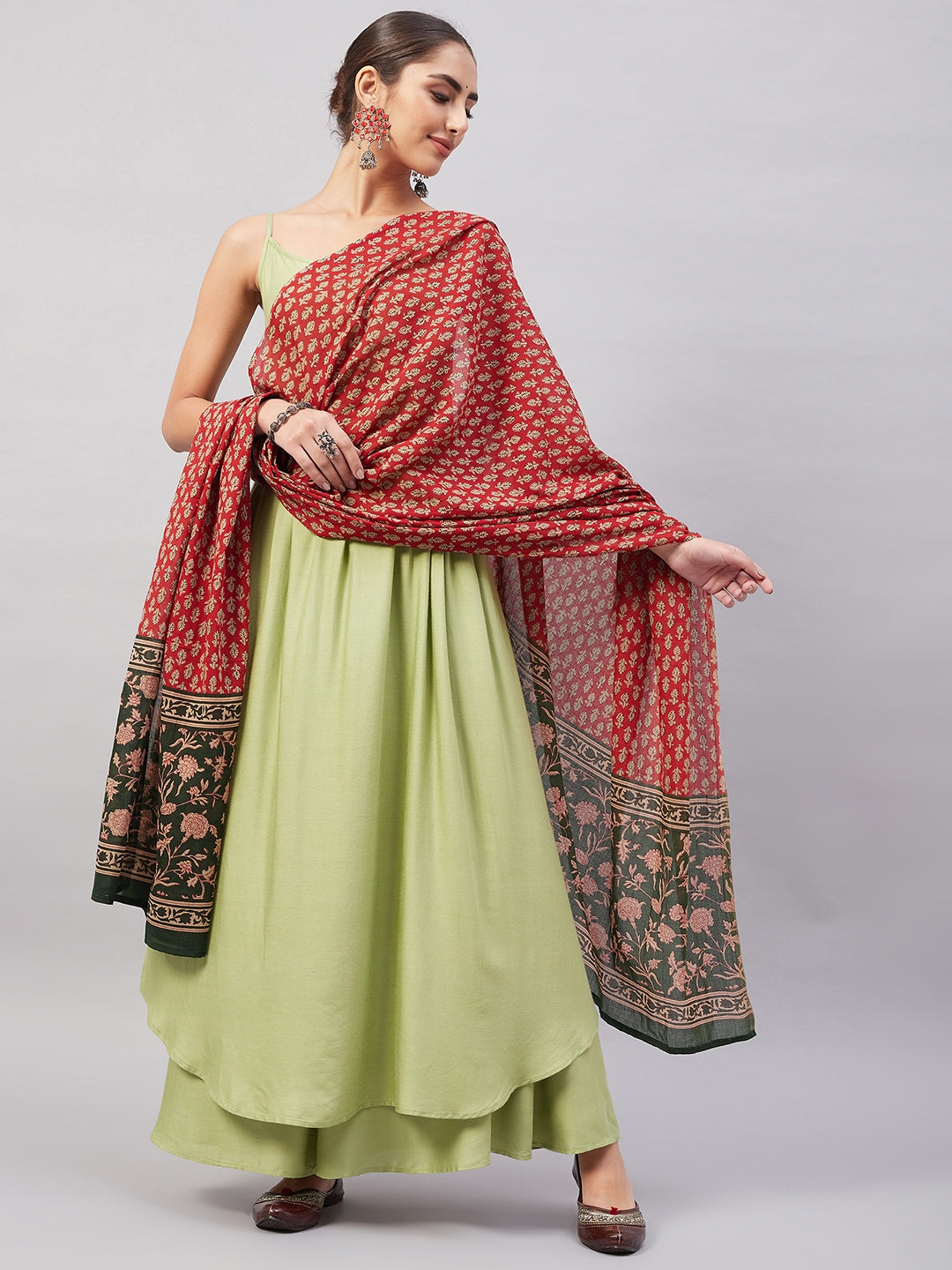 InWeave Women's Light Green R Strappy Set W Green Red Print Cotton Dupatta