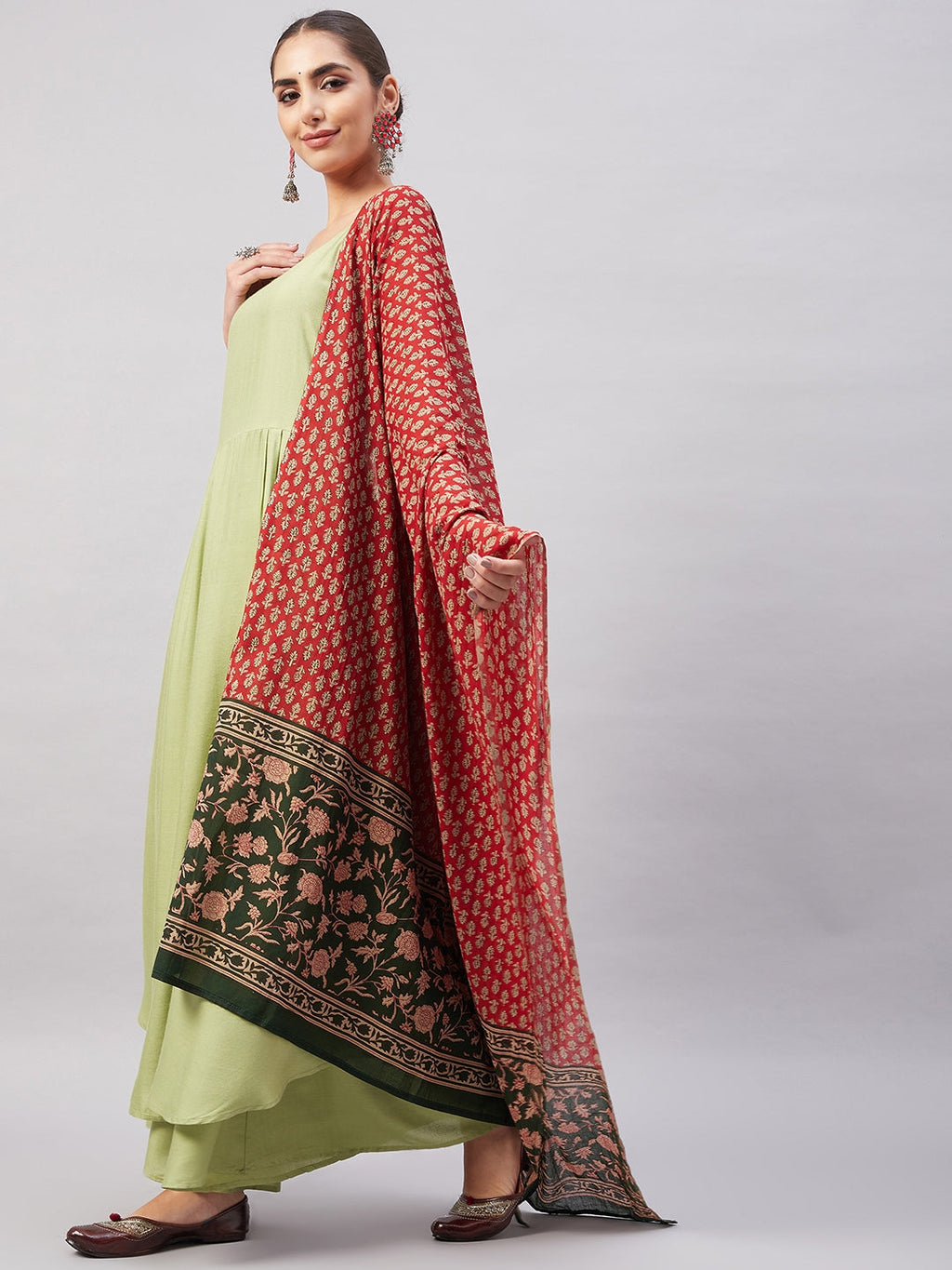 InWeave Women's Light Green R Strappy Set W Green Red Print Cotton Dupatta