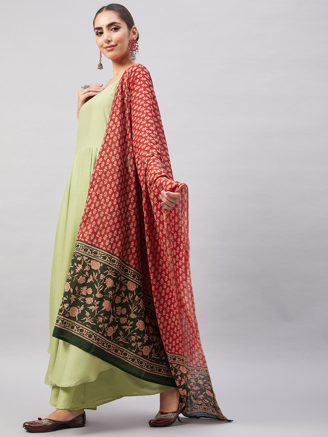 InWeave Women's Light Green R Strappy Set W Green Red Print Cotton Dupatta