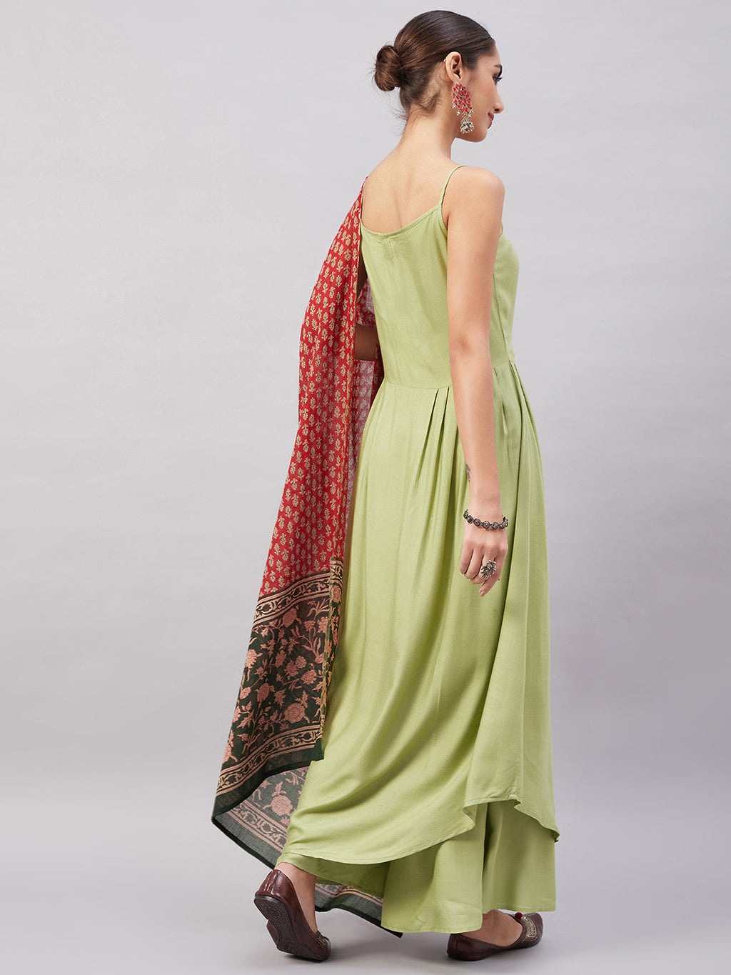InWeave Women's Light Green R Strappy Set W Green Red Print Cotton Dupatta