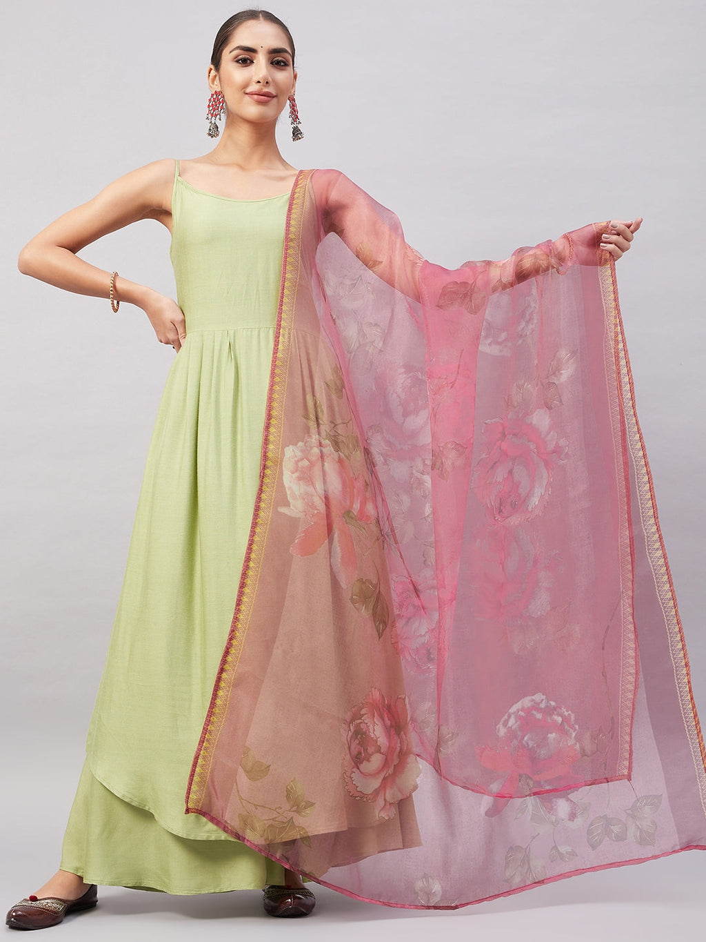 InWeave Women's Light Green R Strappy Set W Pink Print Organza Dupatta