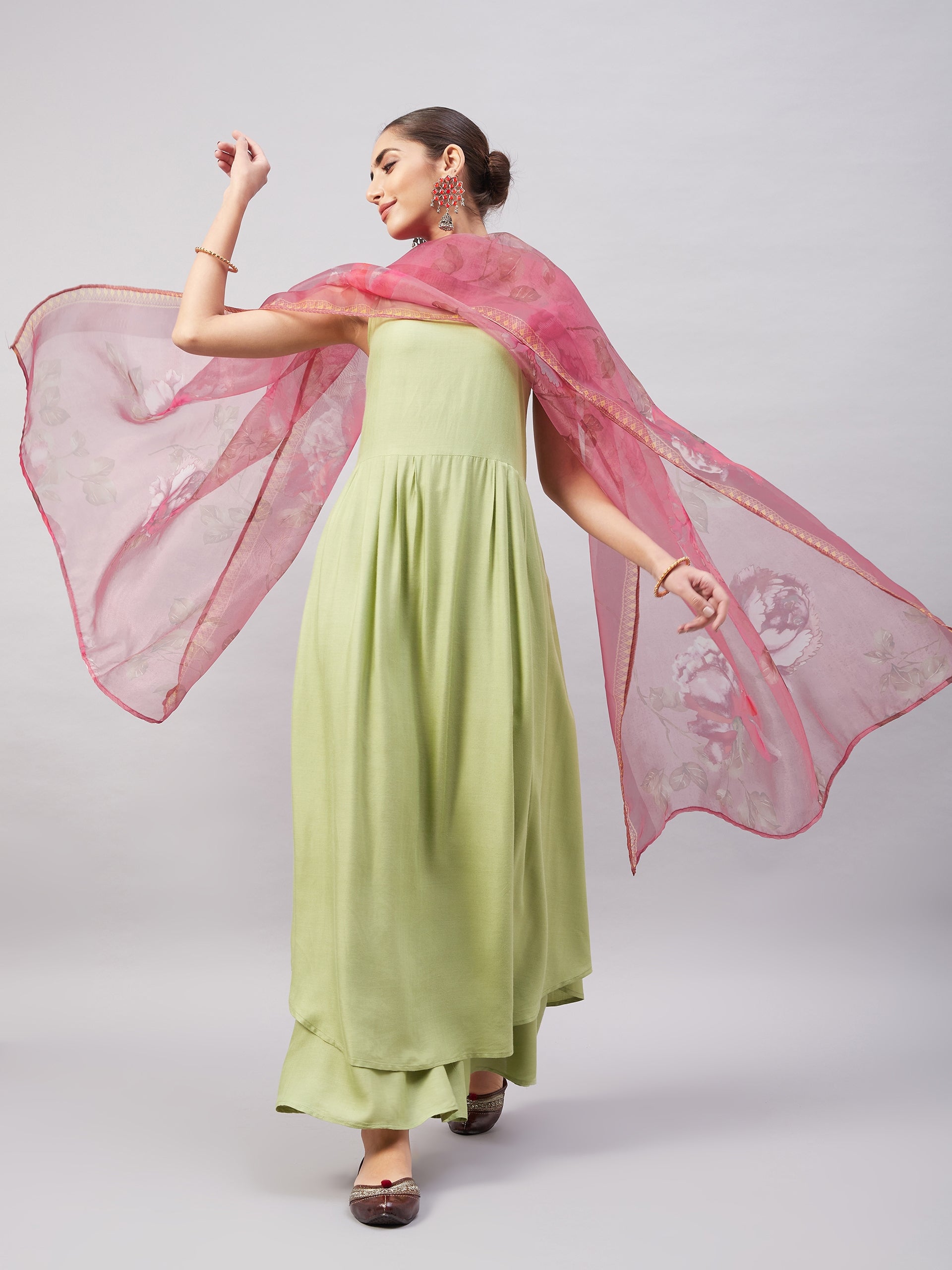 InWeave Women's Light Green R Strappy Set W Pink Print Organza Dupatta