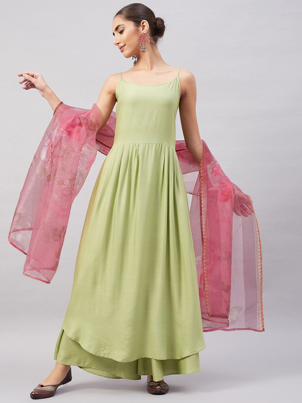 InWeave Women's Light Green R Strappy Set W Pink Print Organza Dupatta