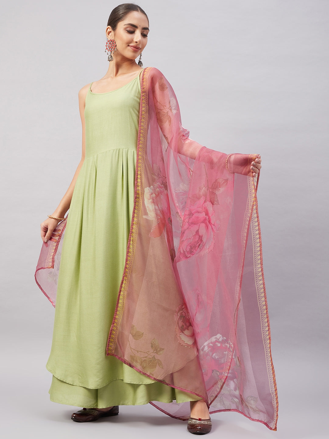 InWeave Women's Light Green R Strappy Set W Pink Print Organza Dupatta