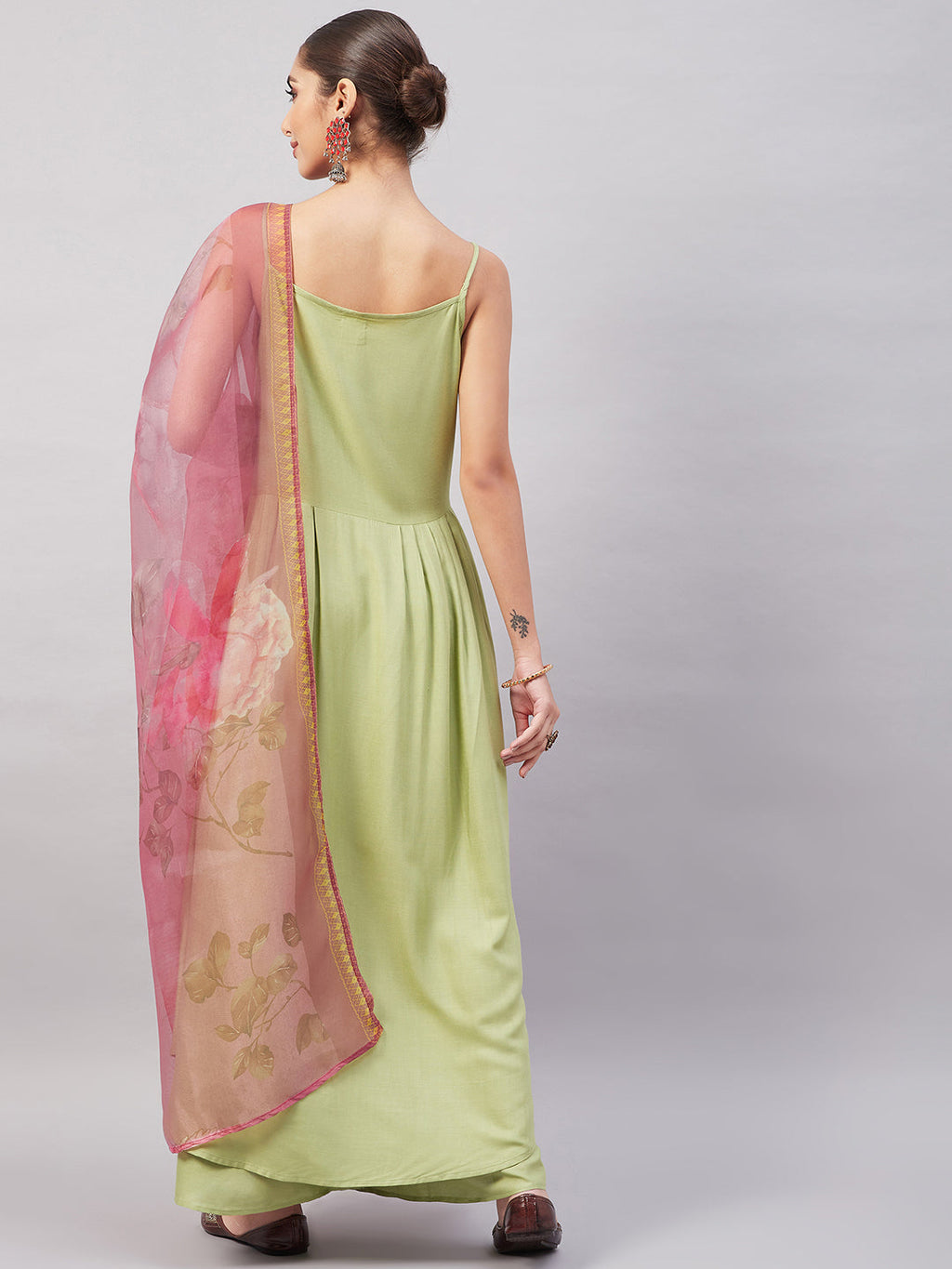 InWeave Women's Light Green R Strappy Set W Pink Print Organza Dupatta